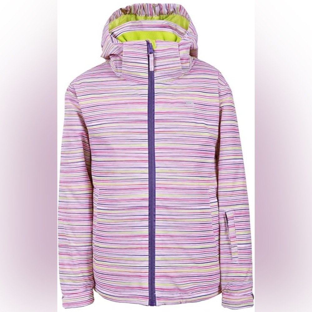 Trespass Girls’ 5/6 Ski Jacket w Snow Skirt, Pass Pocket, Detachable Hood EUC